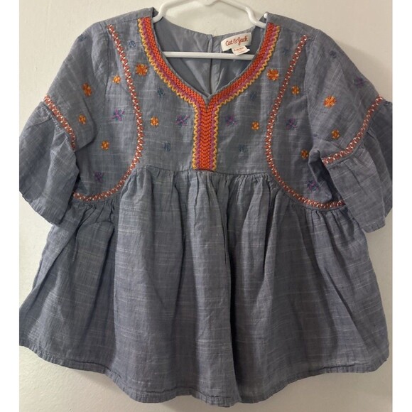 Cat & Jack S 6-6X Blue  bell sleeve girls embroidered floral boho cotton blouse - Picture 3 of 9